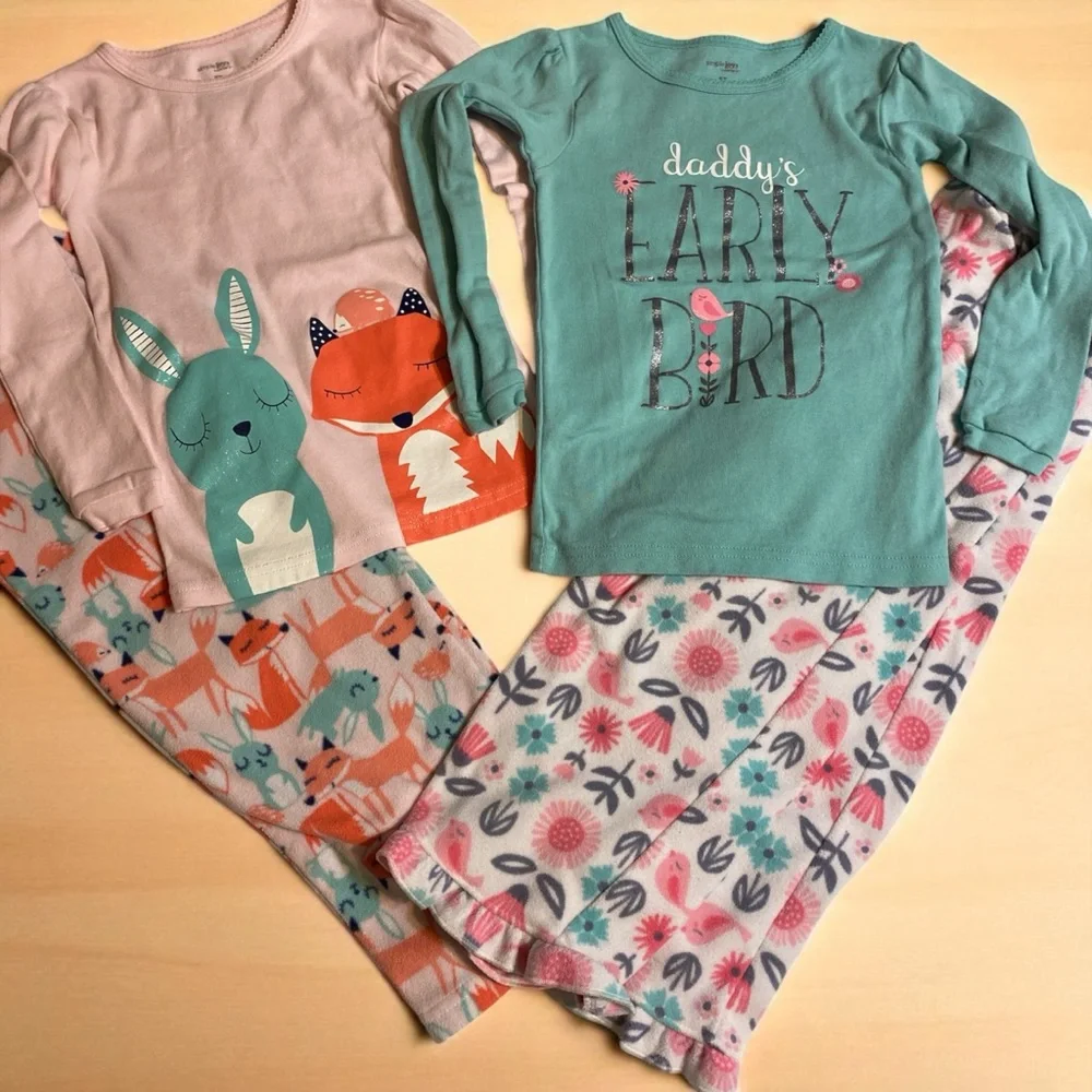 Simple Joys Kids Pajama Set of 2 - Pink and Teal fleece bottoms t-shirt tops 5T